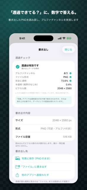 透けマルの透過チェックの画面。書き出したPNGを読み戻し、アルファチャンネルの有無・完全に透明なピクセルの割合・ファイル形式を数値で表示している