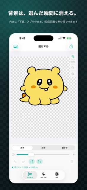 透けマルの切り抜きの画面。被写体を選んだ瞬間に背景が消え、原寸ロックで2048×2560pxのまま保たれている
