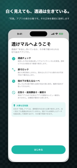 透けマルの初回の説明画面。「写真」アプリで白く見えても透過は生きている、という表示仕様の説明
